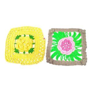 Vintage Potholder Set of 2 Crochet Flower Square Set Boho Kitsch Granny Core